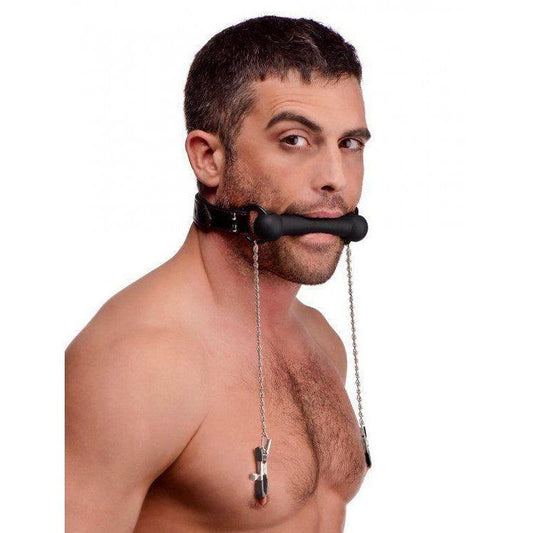 Black Silicone Bit Gag with Nipple Clamps