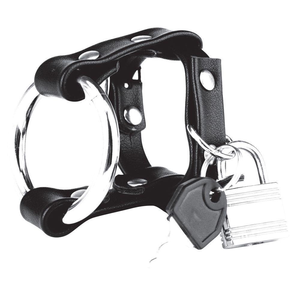 Blue Line Metal Cock Ring With Locking Ball Strap Black