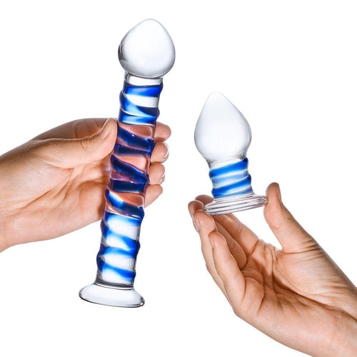 Glass Double Penetration Swirly Dildo and Plug Set 2.75" - 7"