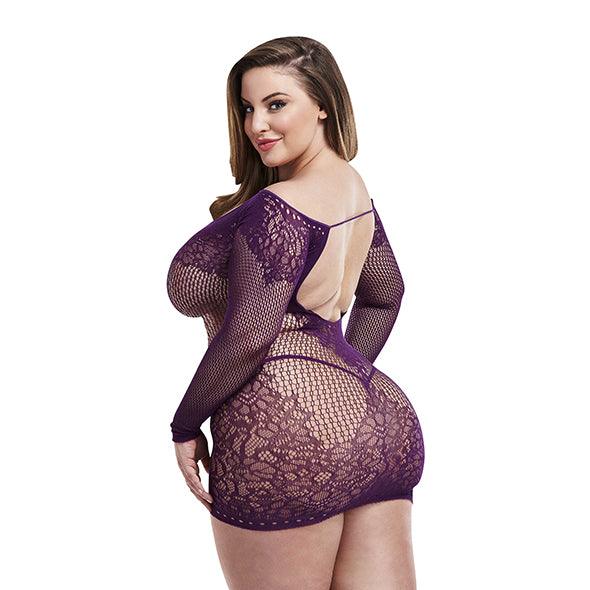 Lapdance - Long Sleeve Lace Mini Dress Purple Plus